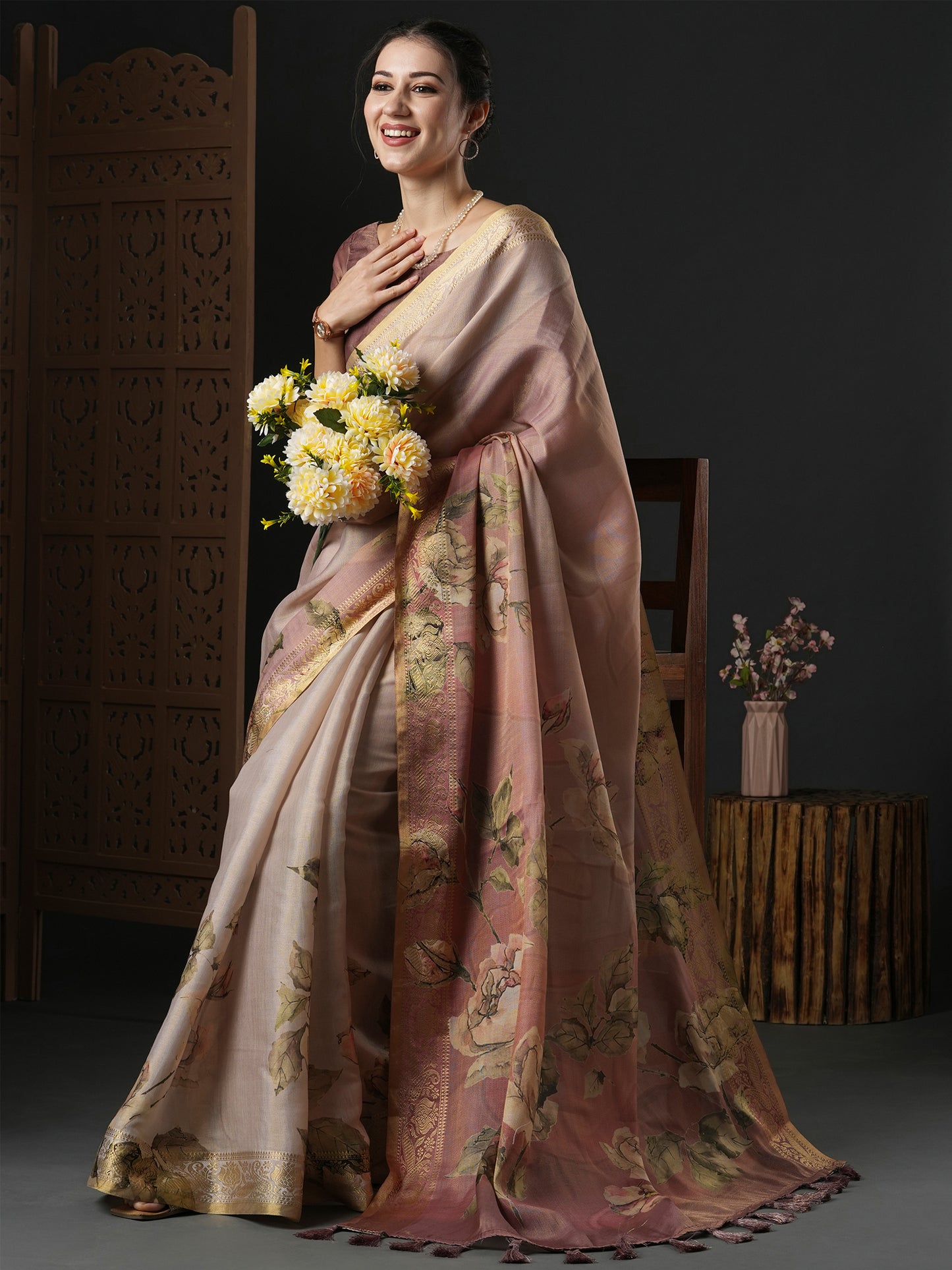 Women's Kanjeevaram Silk Brown Printed Designer Saree With Blouse Piece