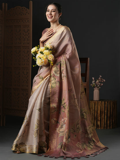 Women's Kanjeevaram Silk Brown Printed Designer Saree With Blouse Piece