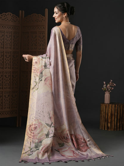 Women's Kanjeevaram Silk Lavendar Printed Designer Saree With Blouse Piece