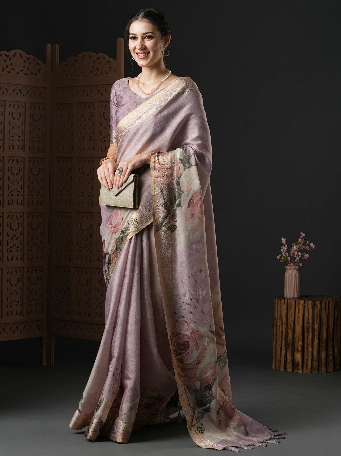 Women's Kanjeevaram Silk Lavendar Printed Designer Saree With Blouse Piece