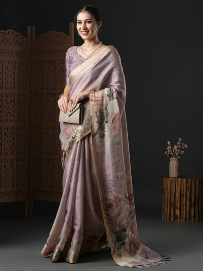 Women's Kanjeevaram Silk Lavendar Printed Designer Saree With Blouse Piece