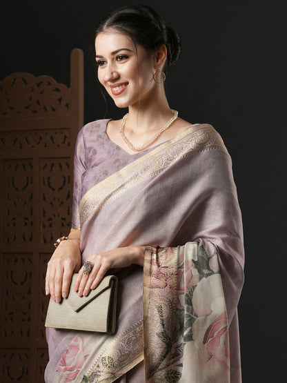 Women's Kanjeevaram Silk Lavendar Printed Designer Saree With Blouse Piece