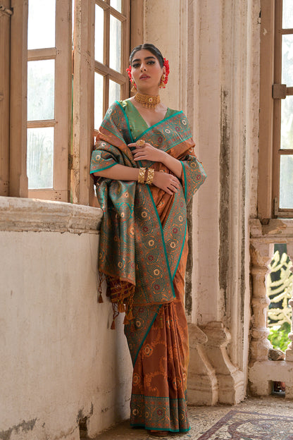 Coffee Green Banarasi Silk Saree