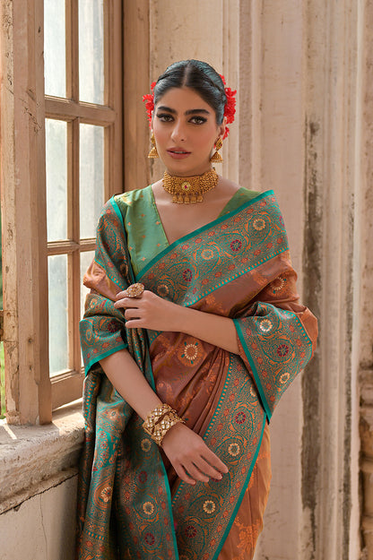 Coffee Green Banarasi Silk Saree