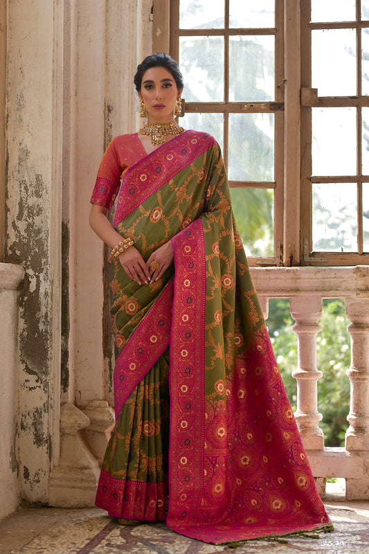 Mahendi Pink Banarasi Silk Saree