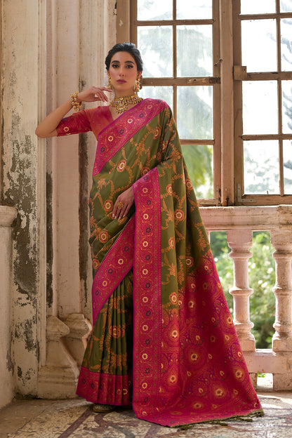 Mahendi Pink Banarasi Silk Saree