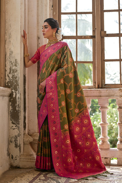 Mahendi Pink Banarasi Silk Saree