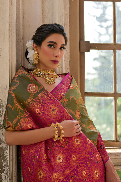 Mahendi Pink Banarasi Silk Saree
