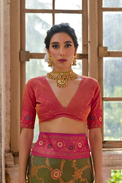 Mahendi Pink Banarasi Silk Saree