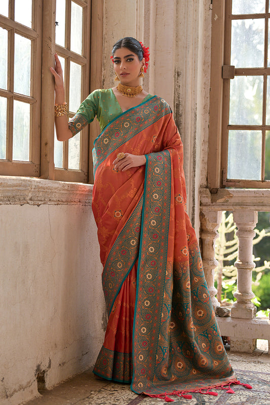 Peach Green Banarasi Silk Saree