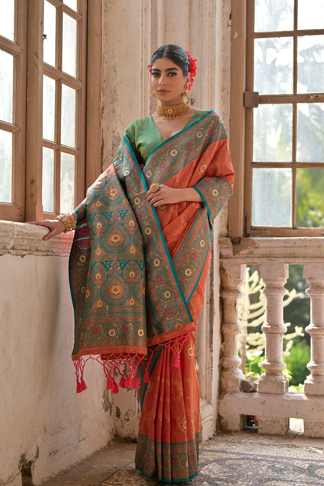 Peach Green Banarasi Silk Saree