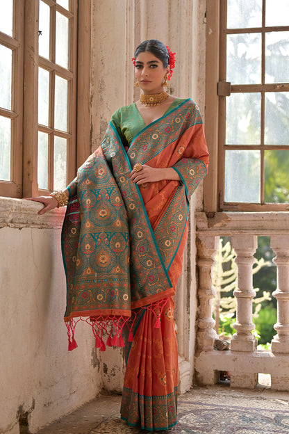 Peach Green Banarasi Silk Saree