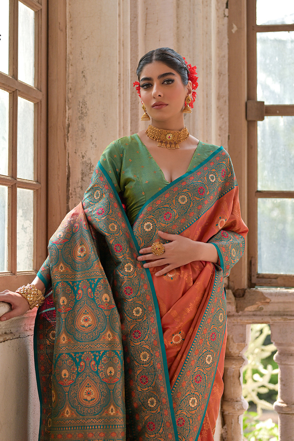 Peach Green Banarasi Silk Saree
