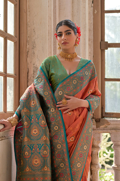 Peach Green Banarasi Silk Saree