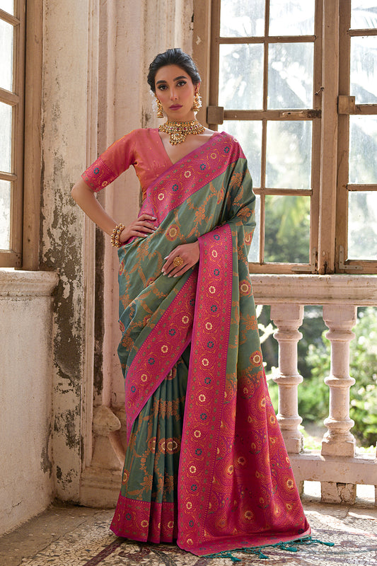Rama Pink Banarasi Silk Saree