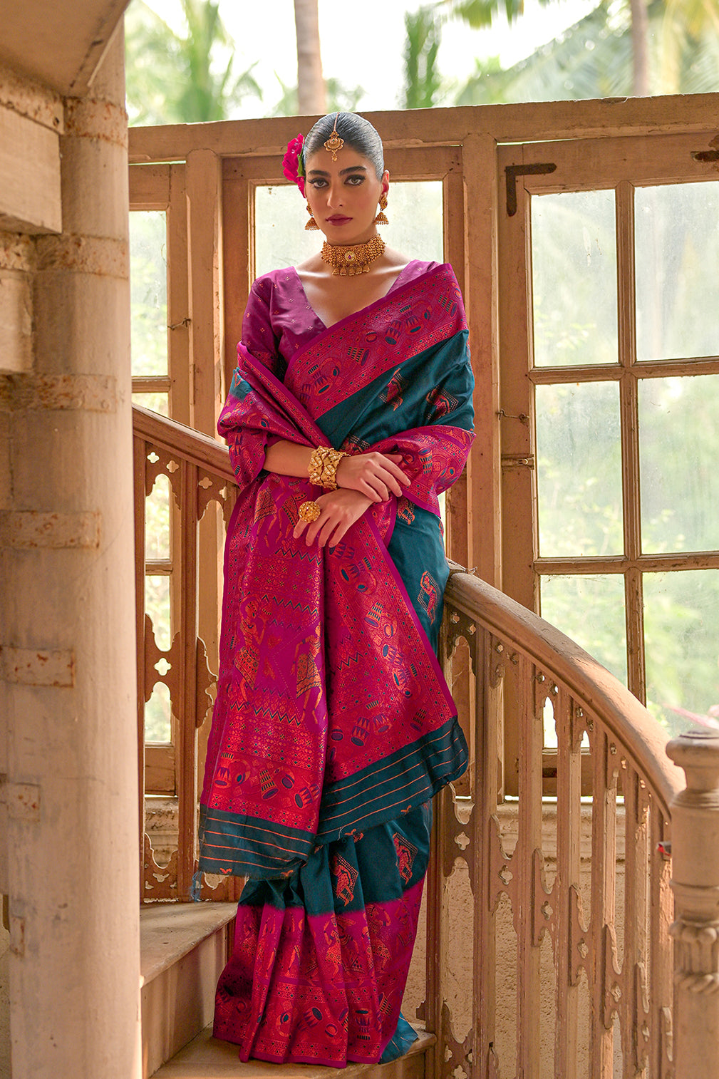 Blue Wine Banarasi Silk Saree
