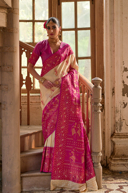 Cream Pink Banarasi Silk Saree