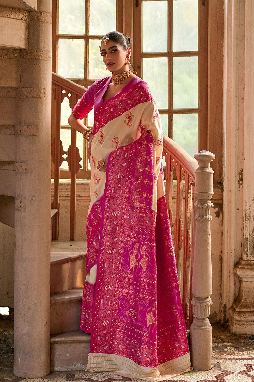 Cream Pink Banarasi Silk Saree