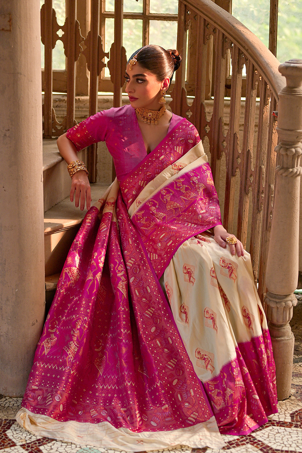 Cream Pink Banarasi Silk Saree