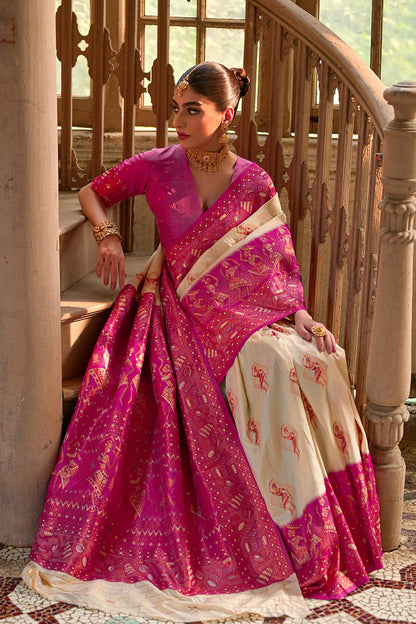 Cream Pink Banarasi Silk Saree