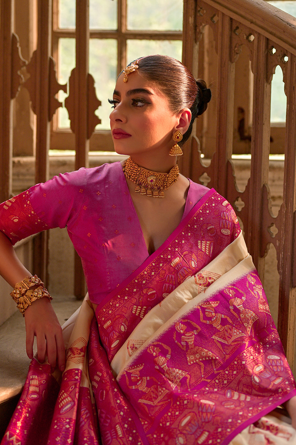 Cream Pink Banarasi Silk Saree
