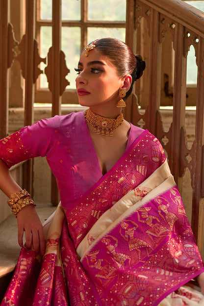 Cream Pink Banarasi Silk Saree