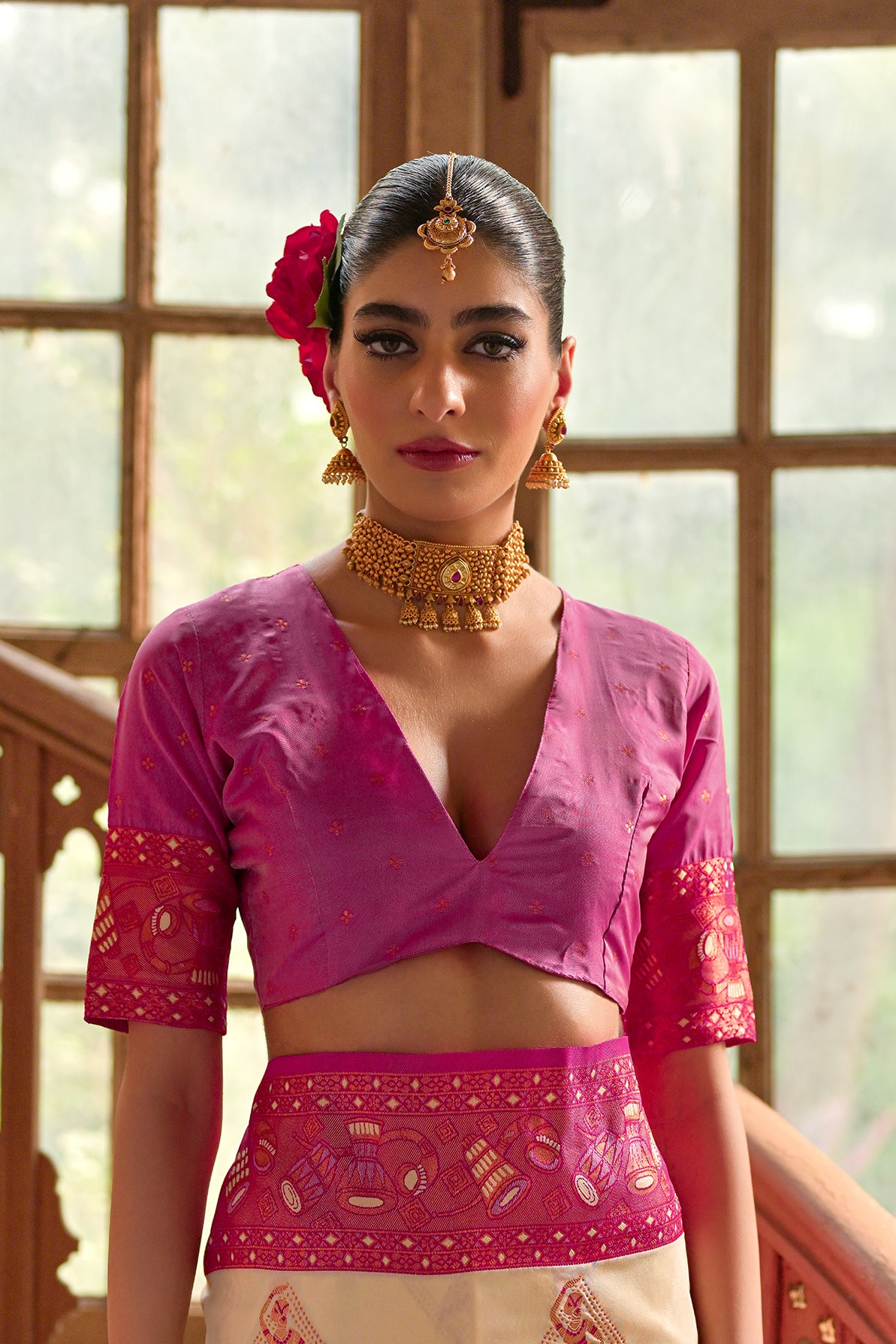 Cream Pink Banarasi Silk Saree