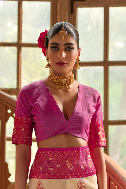 Cream Pink Banarasi Silk Saree