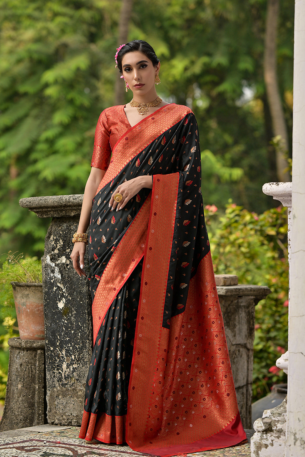 Black Red Banarasi Silk Saree