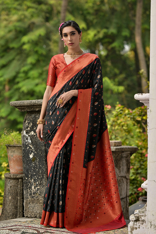 Black Red Banarasi Silk Saree