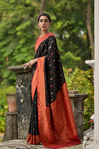 Black Red Banarasi Silk Saree