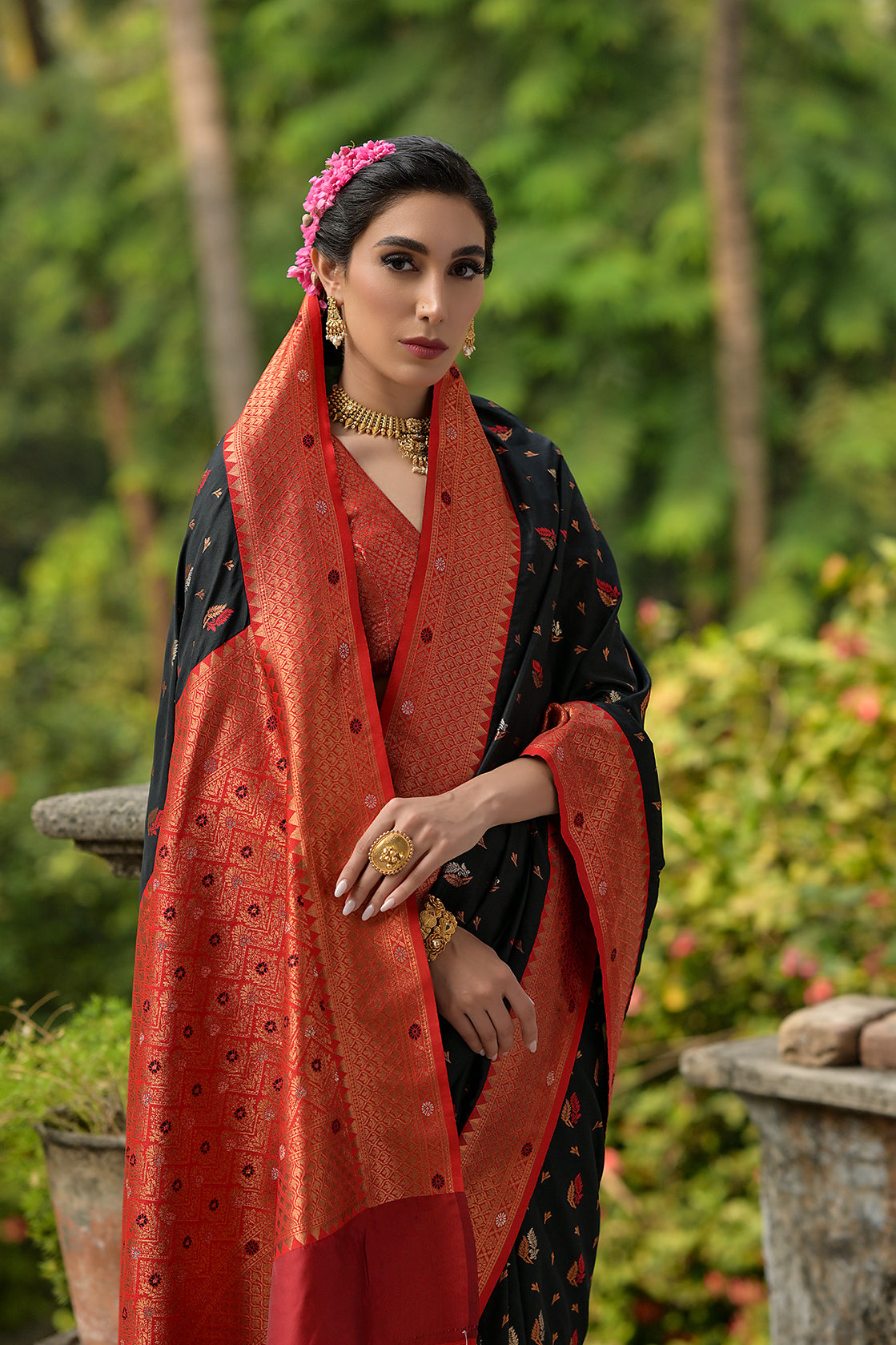 Black Red Banarasi Silk Saree