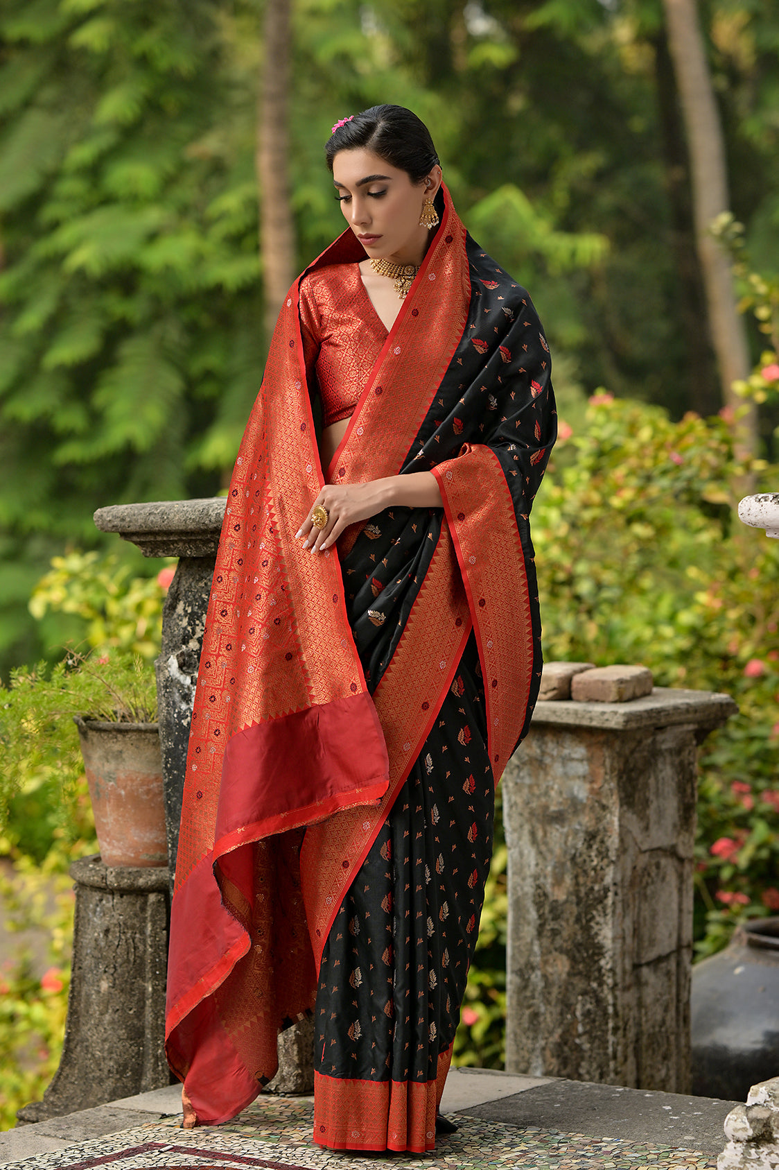 Black Red Banarasi Silk Saree