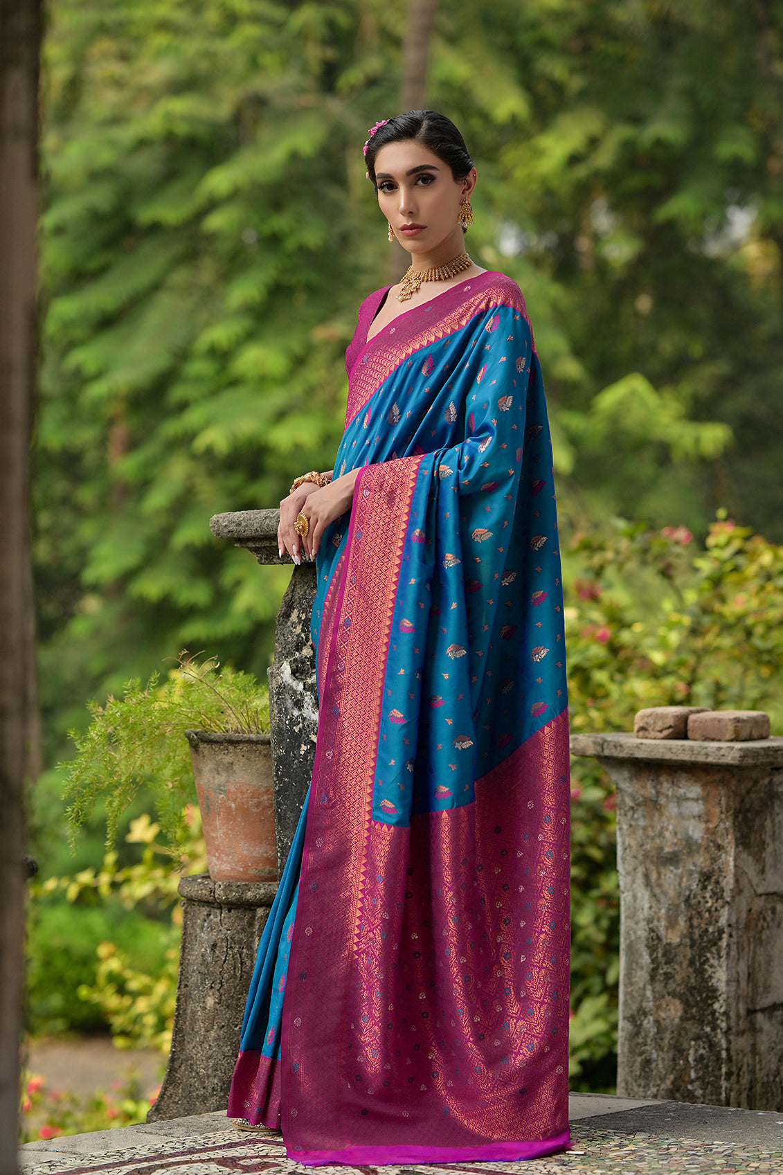 Blue Wine Banarasi Silk Saree