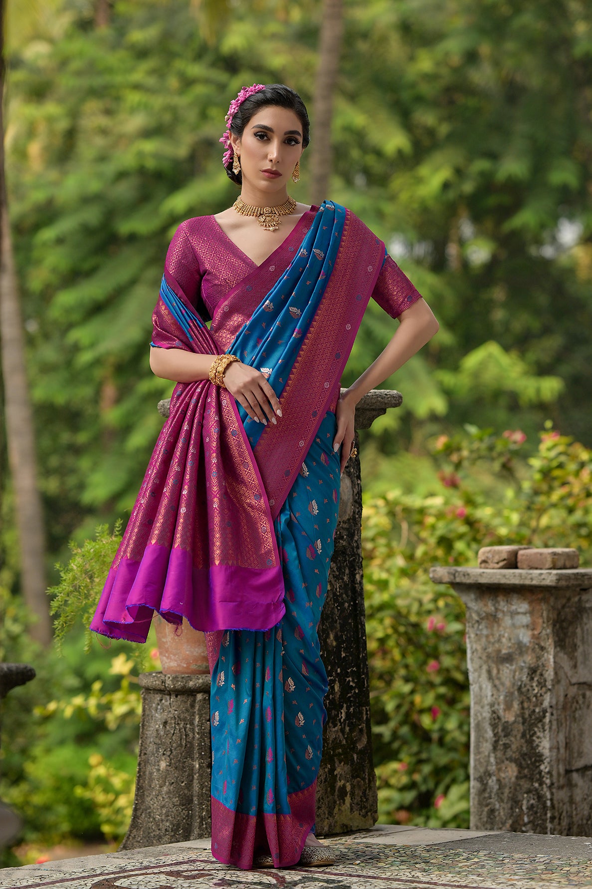 Blue Wine Banarasi Silk Saree