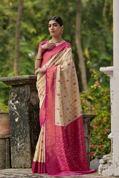 Cream Pink Banarasi Silk Saree