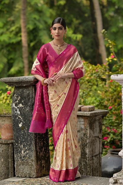 Cream Pink Banarasi Silk Saree