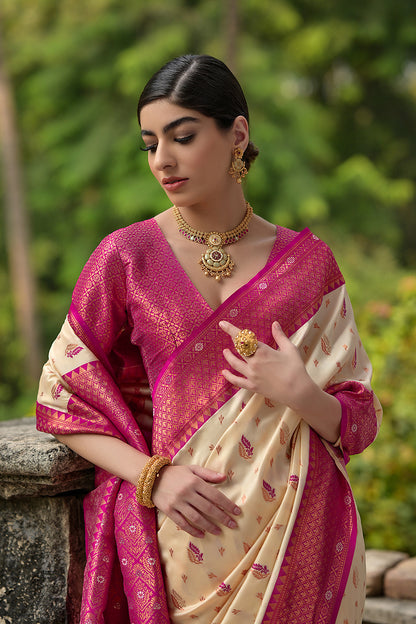 Cream Pink Banarasi Silk Saree