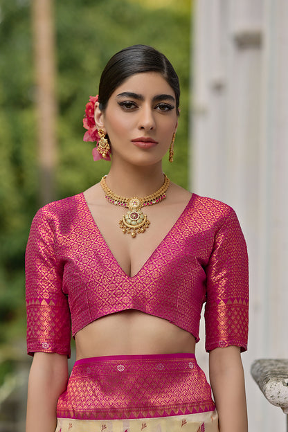 Cream Pink Banarasi Silk Saree