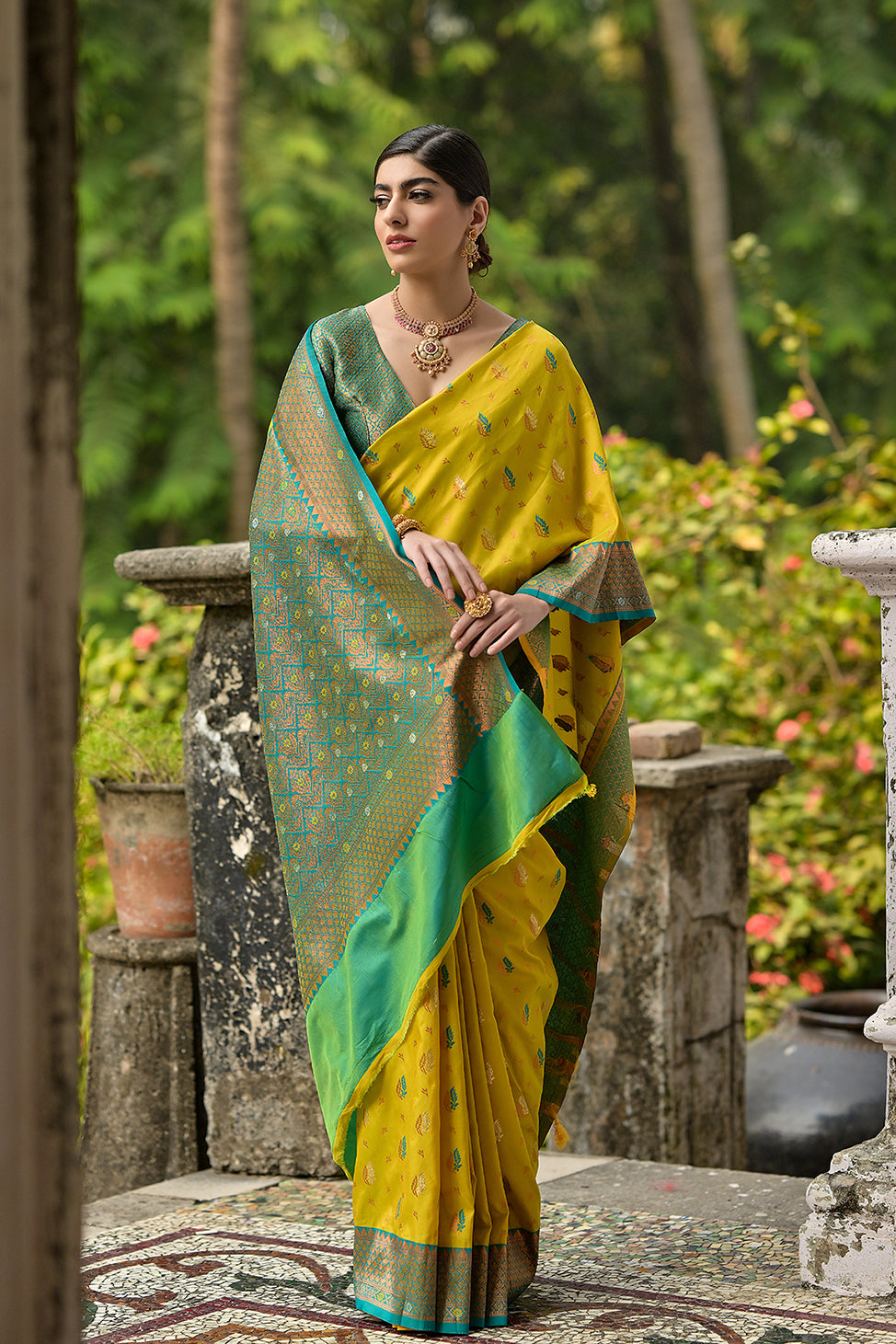 Lemon-Yellow Green Banarasi Silk Saree
