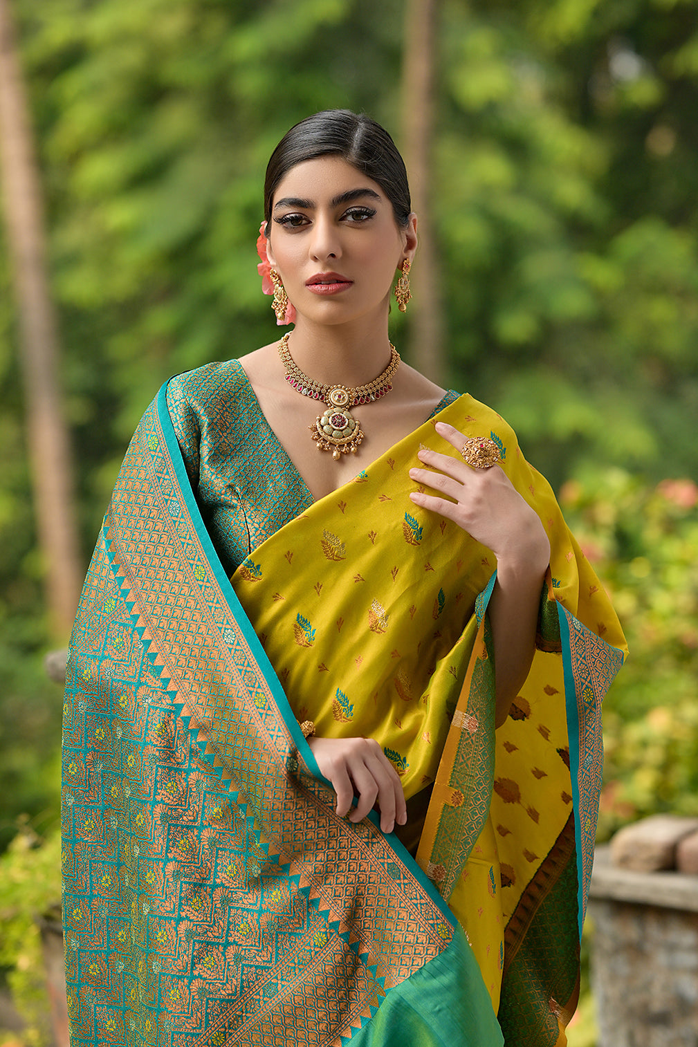 Lemon-Yellow Green Banarasi Silk Saree
