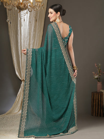 Women's Georgette Teal blue Zari Embroidered Designer Saree With Blouse Piece