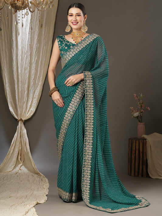 Women's Georgette Teal blue Zari Embroidered Designer Saree With Blouse Piece