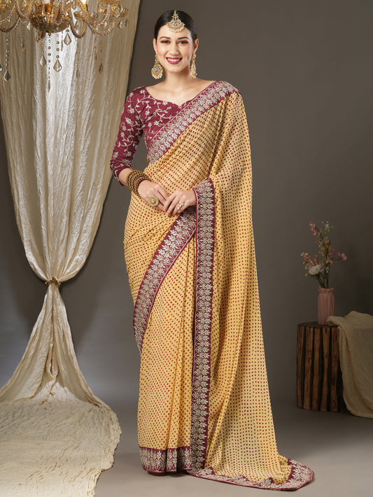 Women's Georgette Cream Zari Embroidered Designer Saree With Blouse Piece