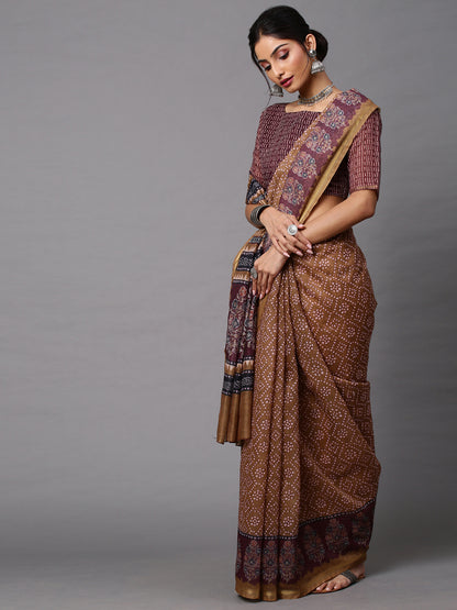 Women's Linen Blend Beige Printed Celebrity Saree With Blouse Piece