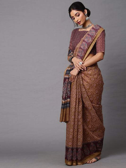 Women's Linen Blend Beige Printed Celebrity Saree With Blouse Piece