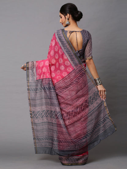 Women's Linen Blend Pink Printed Celebrity Saree With Blouse Piece