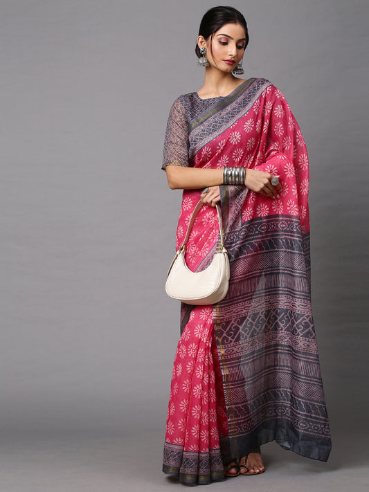 Women's Linen Blend Pink Printed Celebrity Saree With Blouse Piece
