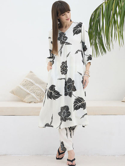 Dhiyona IE Floral Printed V-Neck Tunic & Trousers