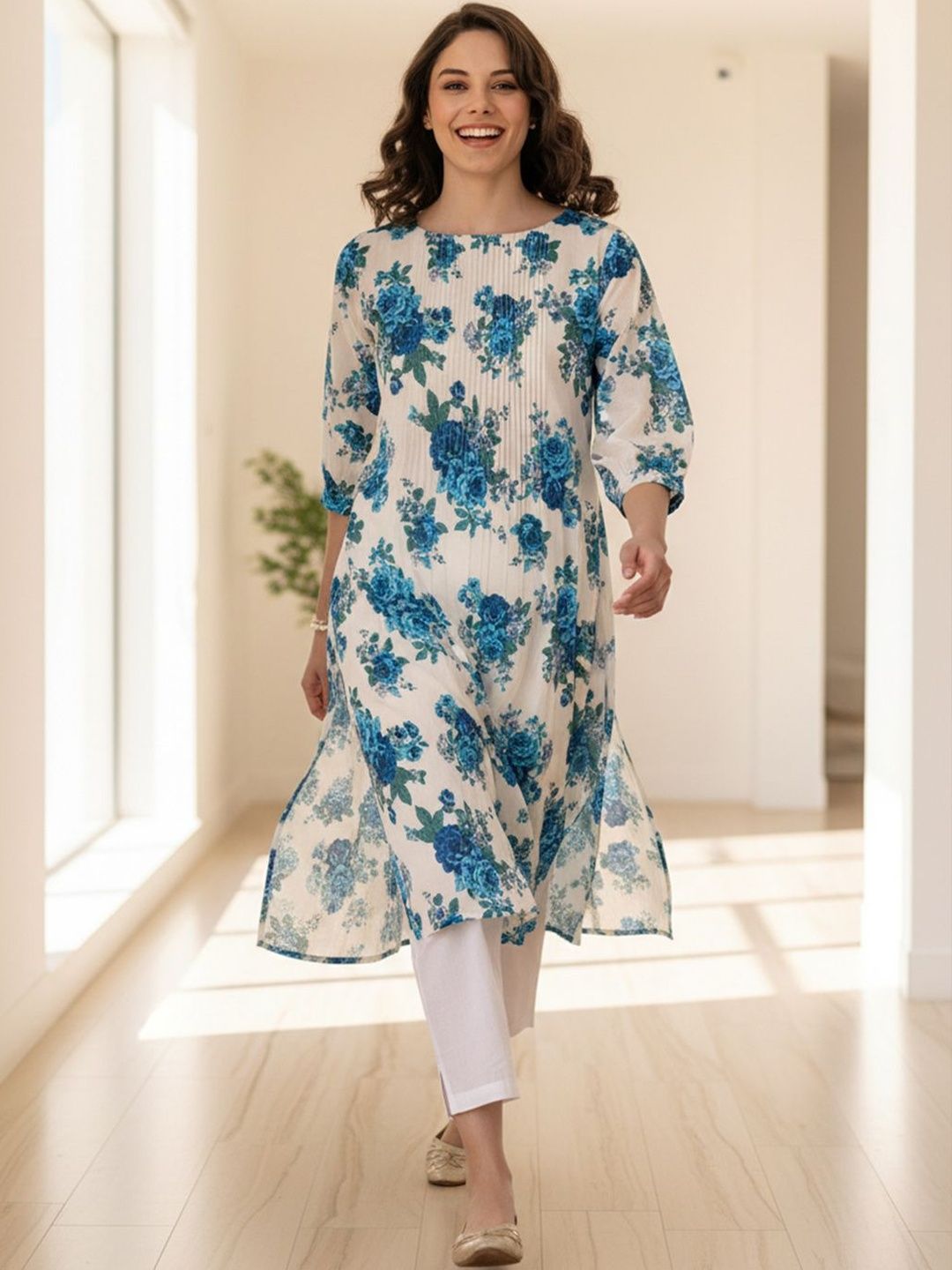 Floral Printed Pleated Round Neck Pure Cotton Straight Kurta With Trouser